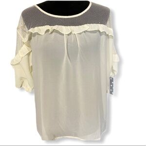 COMME Toi short sleeve blouse fishnet NWT white off white semi sheer